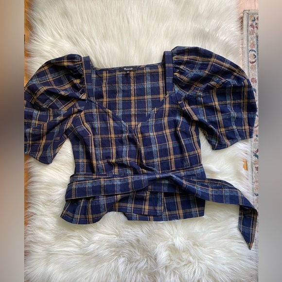 Madewell Sweetheart Wrap Top Plaid Oversized Puff Sleeves - Picture 4 of 6